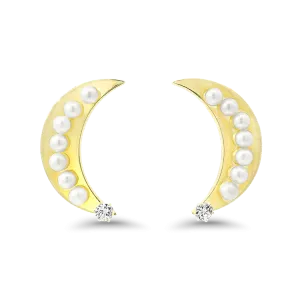 Estate 18k Yellow Gold Cresent Moon Pearl and Diamond Earrings