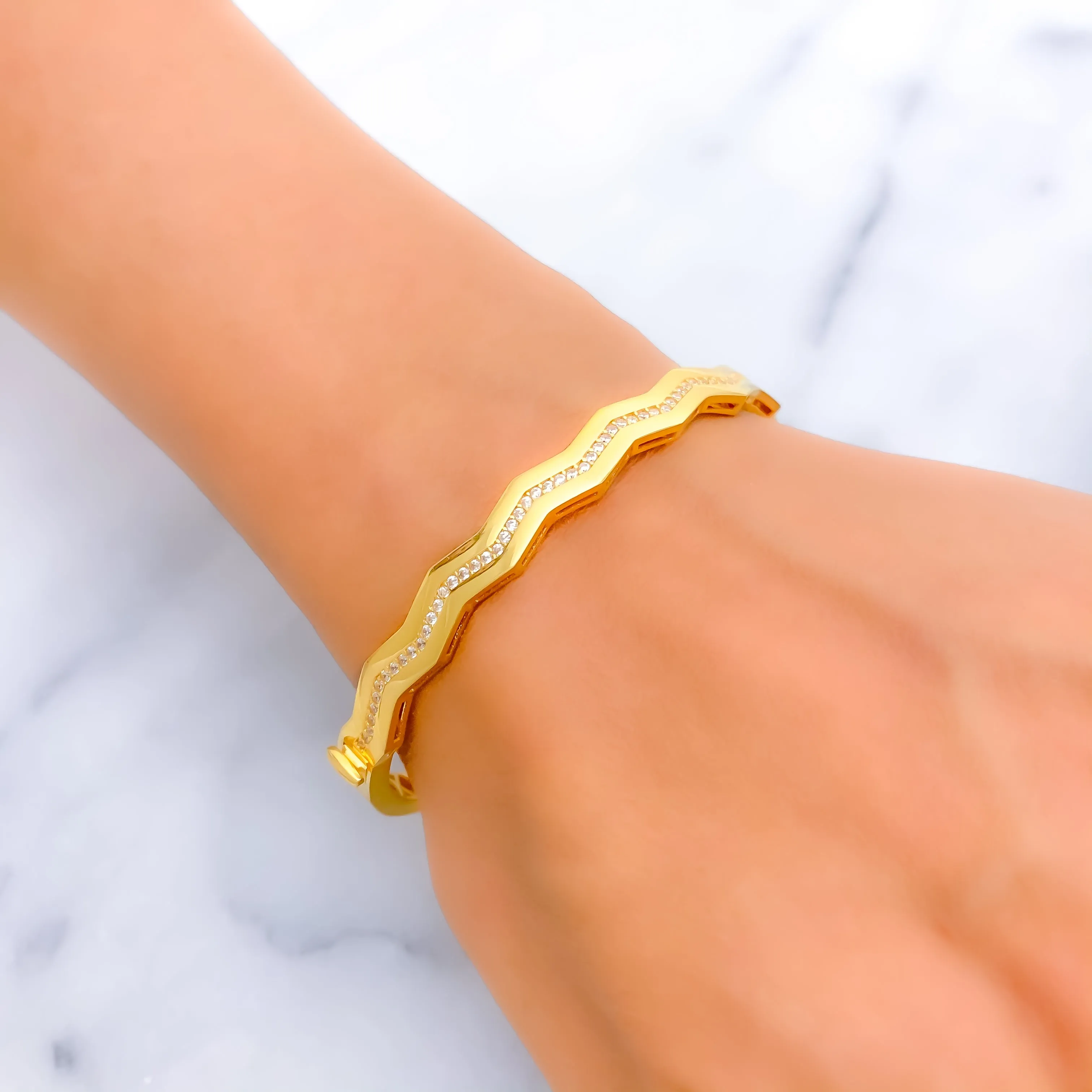 Ethereal Wavy 21k Gold CZ Bangle Bracelet