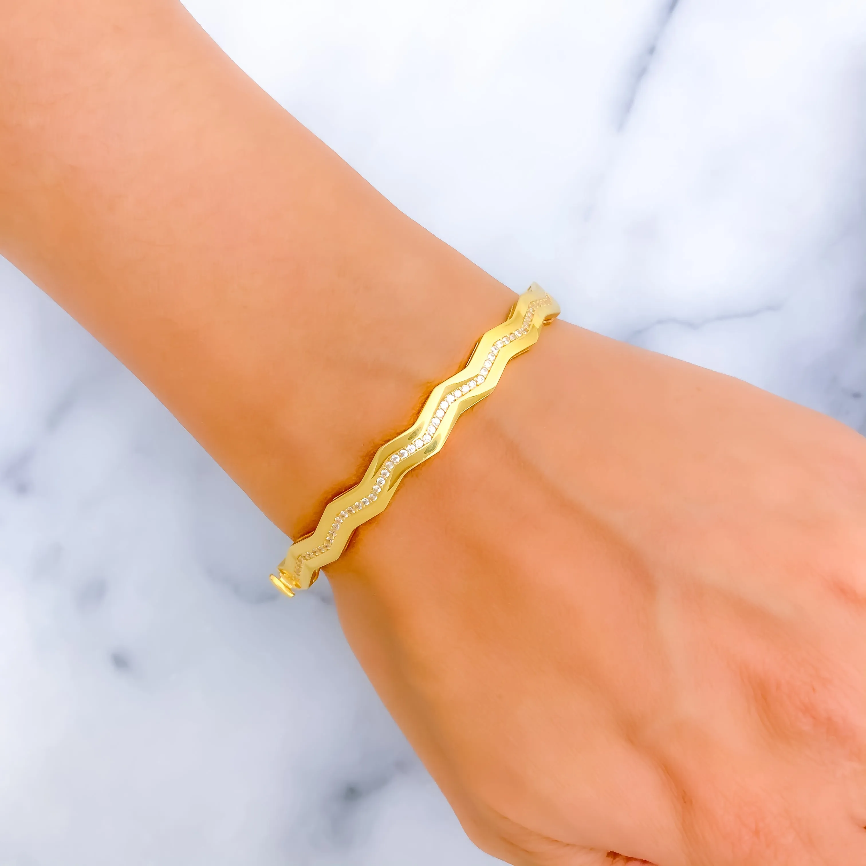 Ethereal Wavy 21k Gold CZ Bangle Bracelet