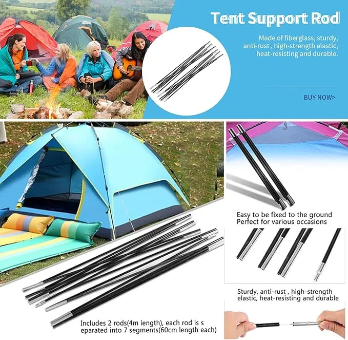 Fiberglass Tent Poles 3.96M, 2 Pieces Universal Fiber Glass Tent Rod Tarp Poles for Awnings, Portable Lightweight Replacement Poles for Camping, Hiking Accessories