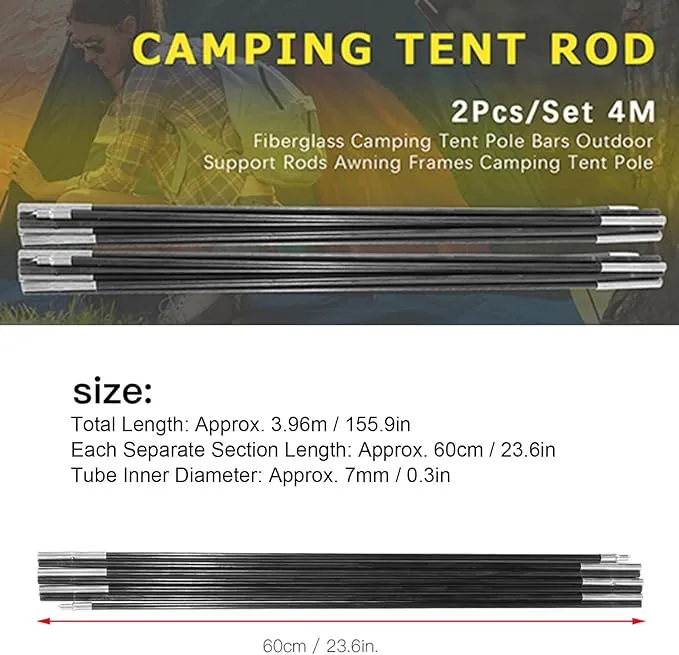 Fiberglass Tent Poles 3.96M, 2 Pieces Universal Fiber Glass Tent Rod Tarp Poles for Awnings, Portable Lightweight Replacement Poles for Camping, Hiking Accessories