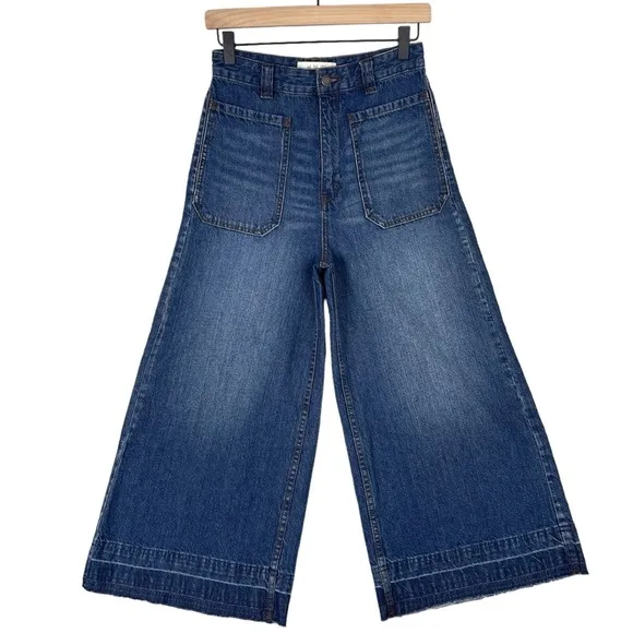 Free People Jeans Womens 25 Dusk to Dawn Wide Leg Raw Hem Crop Boho Hippie Retro