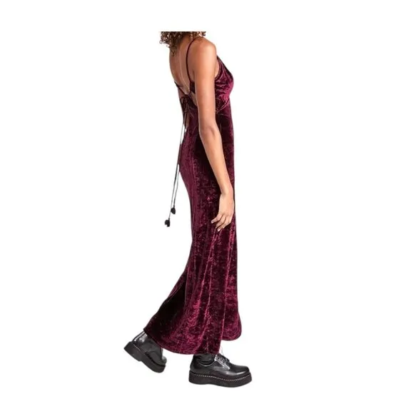 Free People Low Key Crushin’ Velvet Maxi Dress Pomegranate Wine Size S Bohemian