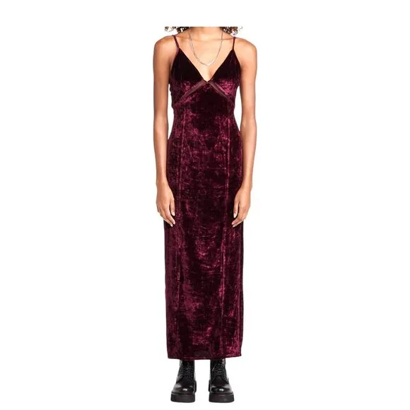 Free People Low Key Crushin’ Velvet Maxi Dress Pomegranate Wine Size S Bohemian