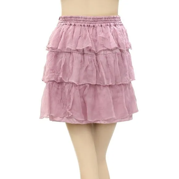 Free People Ruffle Tiered Solid Mini Skirt Purple High Waisted Smocked XS 269822