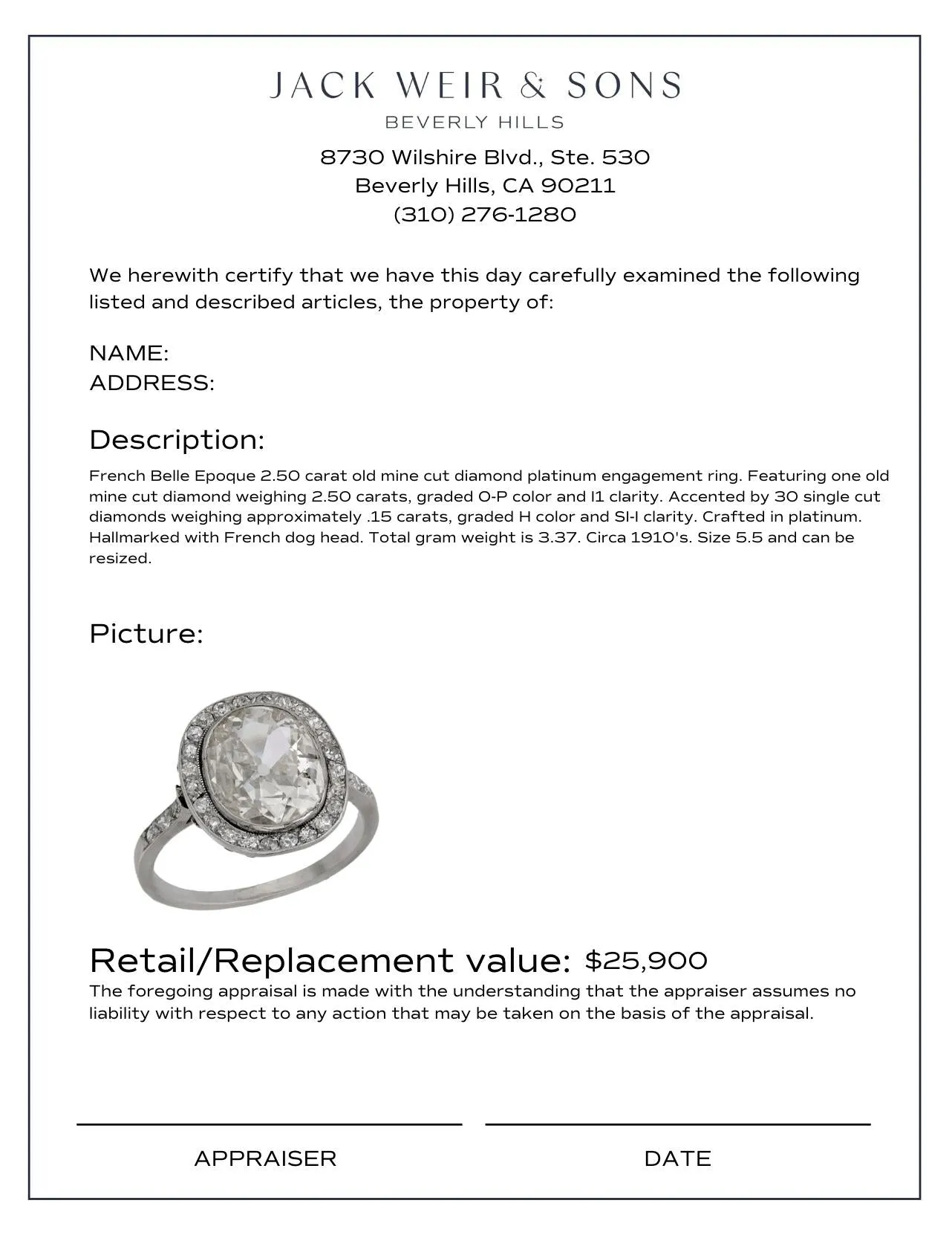 French Belle Epoque 2.50 carat old mine cut diamond platinum engagement ring
