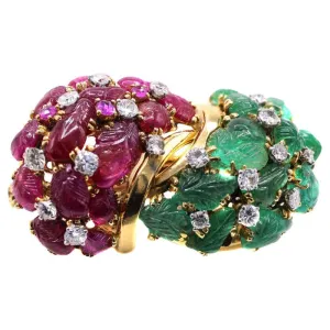 French Retro Carved Ruby Emerald Diamond 18 Karat Gold Brooch