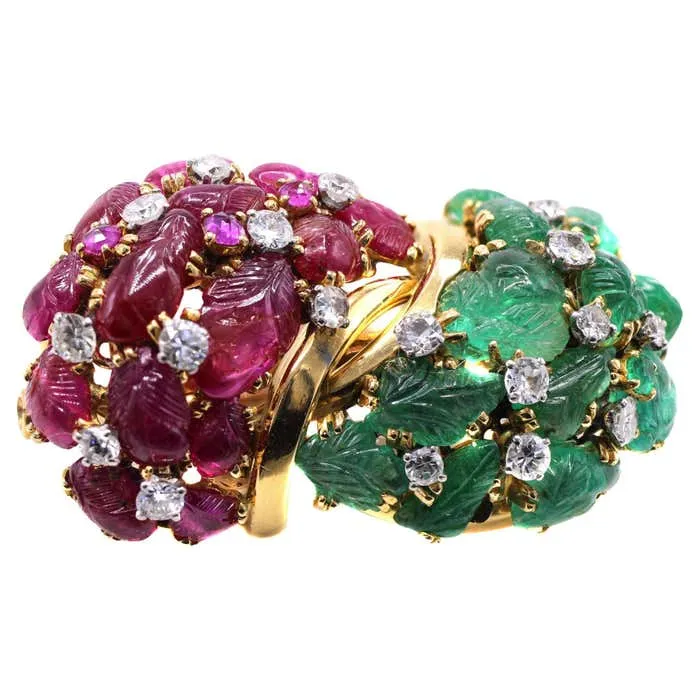 French Retro Carved Ruby Emerald Diamond 18 Karat Gold Brooch