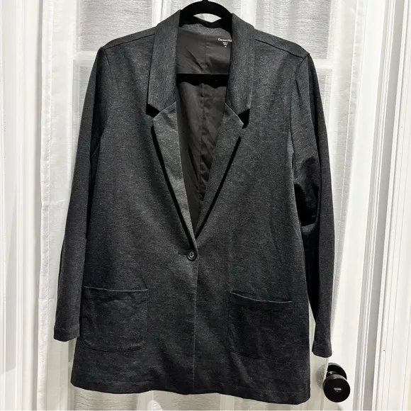 Garnet Hill Knit Relaxed Blazer Black Heather Tencel Wool Blend 14