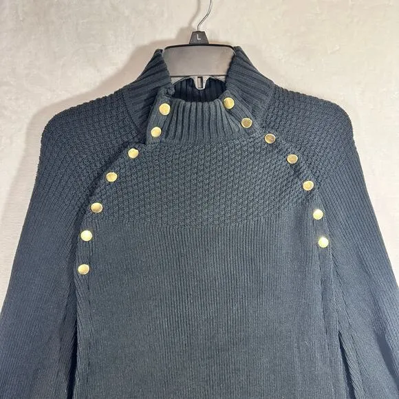GILI Sweater Poncho Cape Knitted Ribbed Mock Neck Black XS/Small Clasp Regency