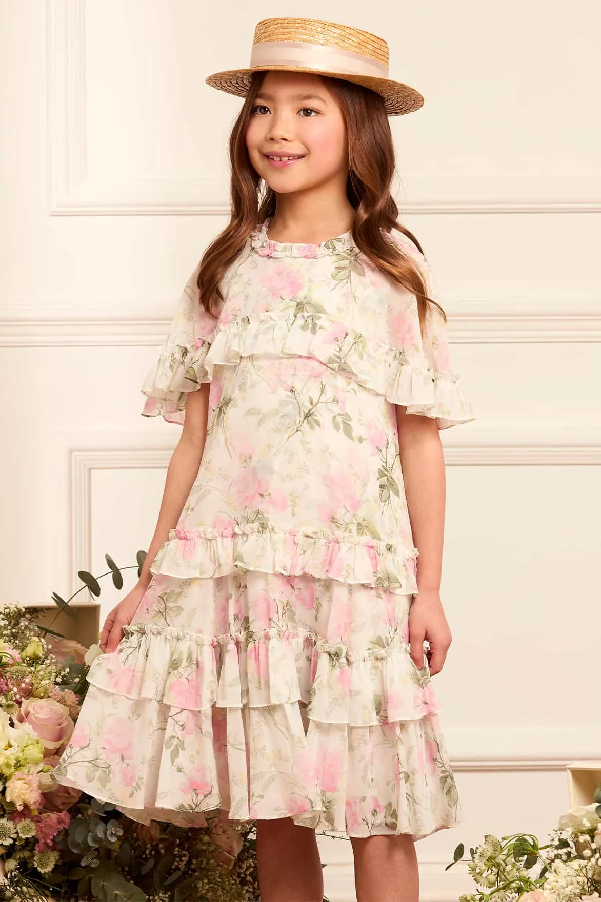 Girls Rose Chiffon Tiered Cape Dress in White