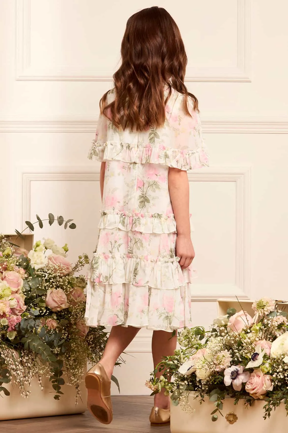 Girls Rose Chiffon Tiered Cape Dress in White