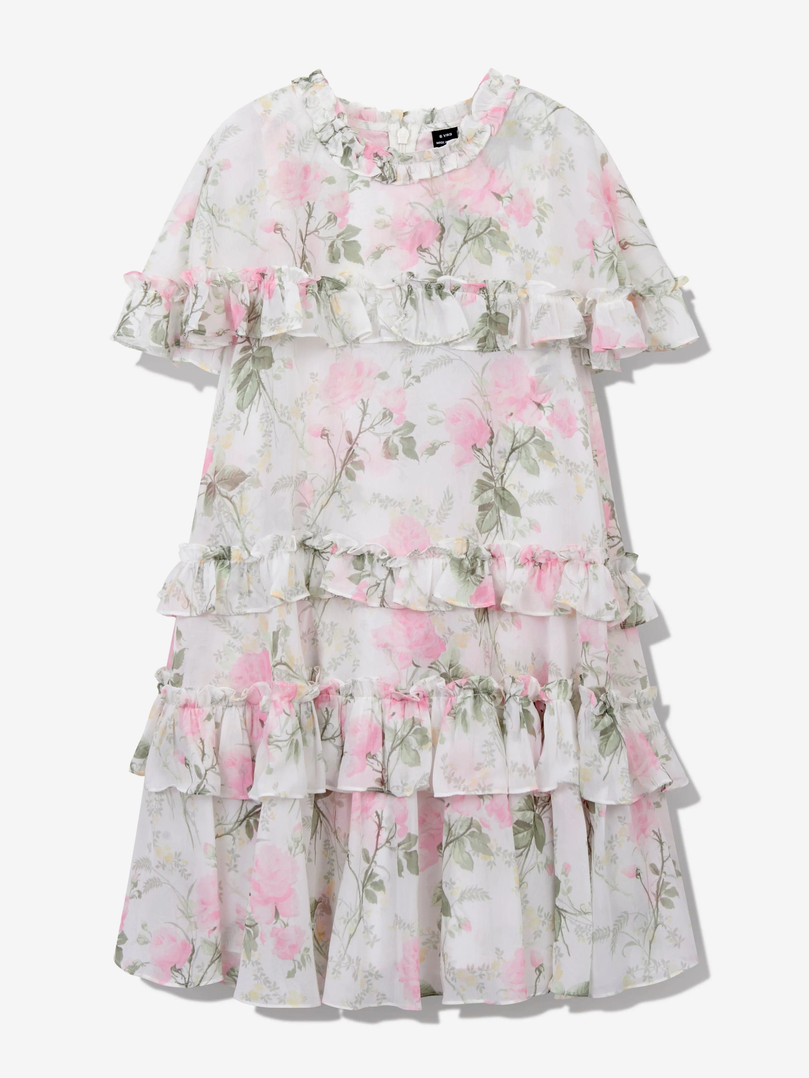 Girls Rose Chiffon Tiered Cape Dress in White