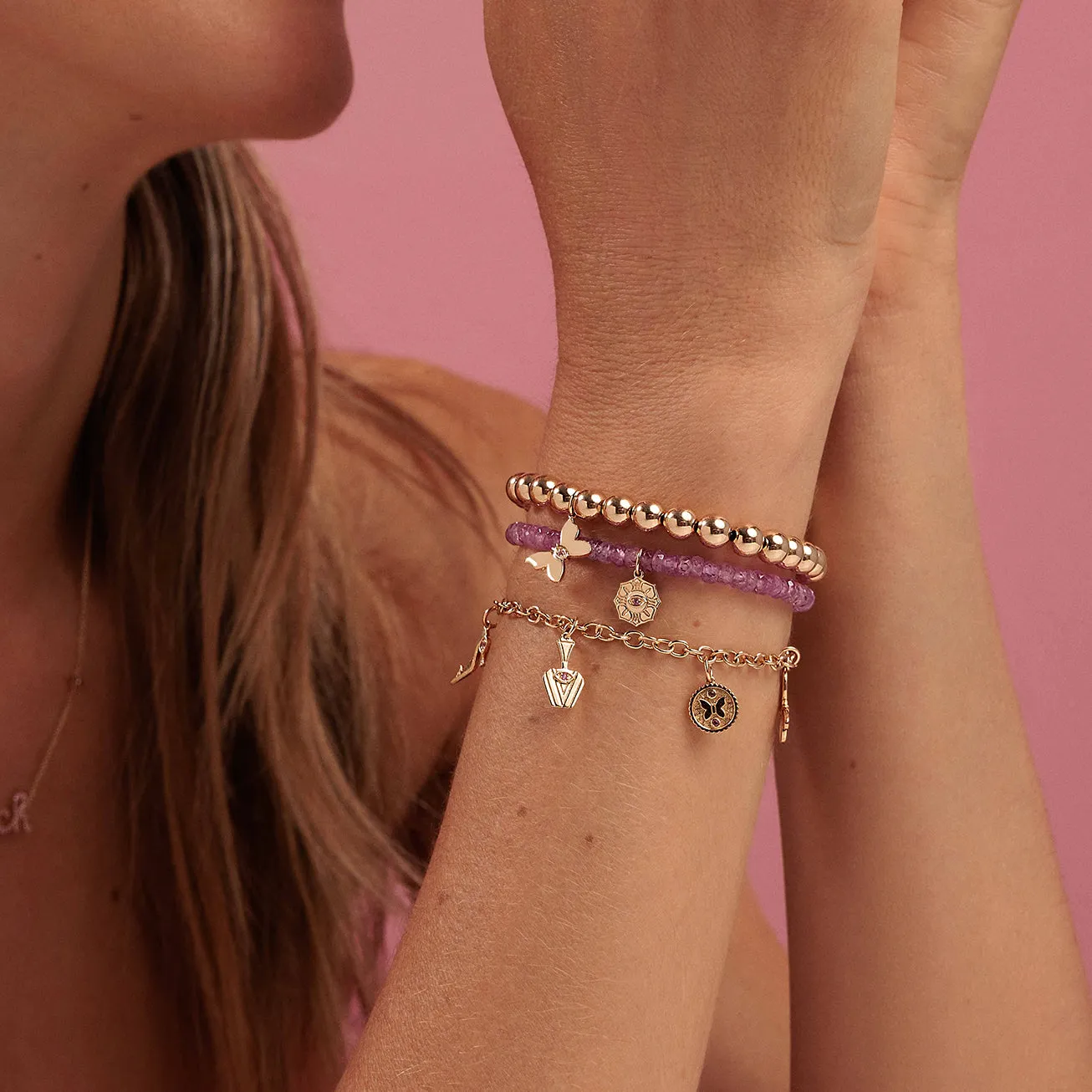 Gold & Pink Sapphire Wicked Glinda Multi Charm Bracelet