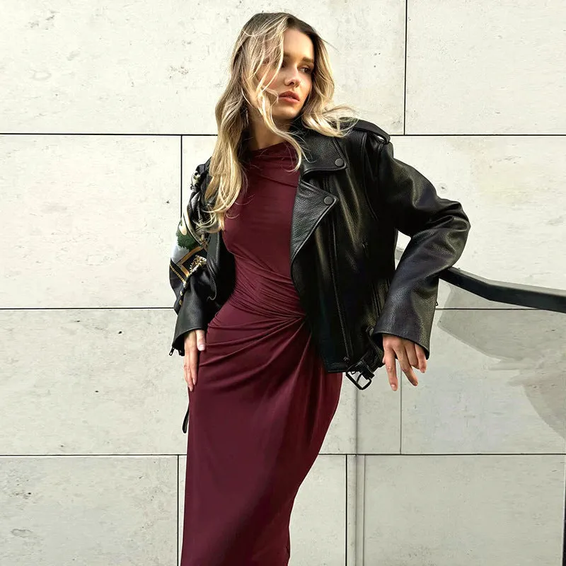 Graceful Long Sleeve Gathered Solid Maxi Dress with Timeless Elegance