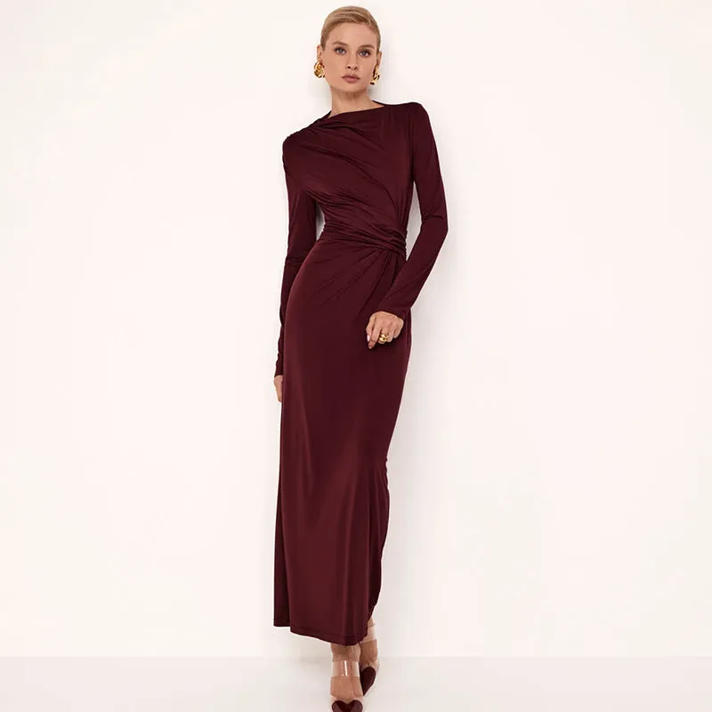 Graceful Long Sleeve Gathered Solid Maxi Dress with Timeless Elegance