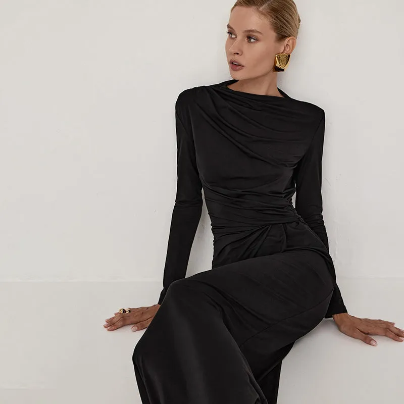 Graceful Long Sleeve Gathered Solid Maxi Dress with Timeless Elegance