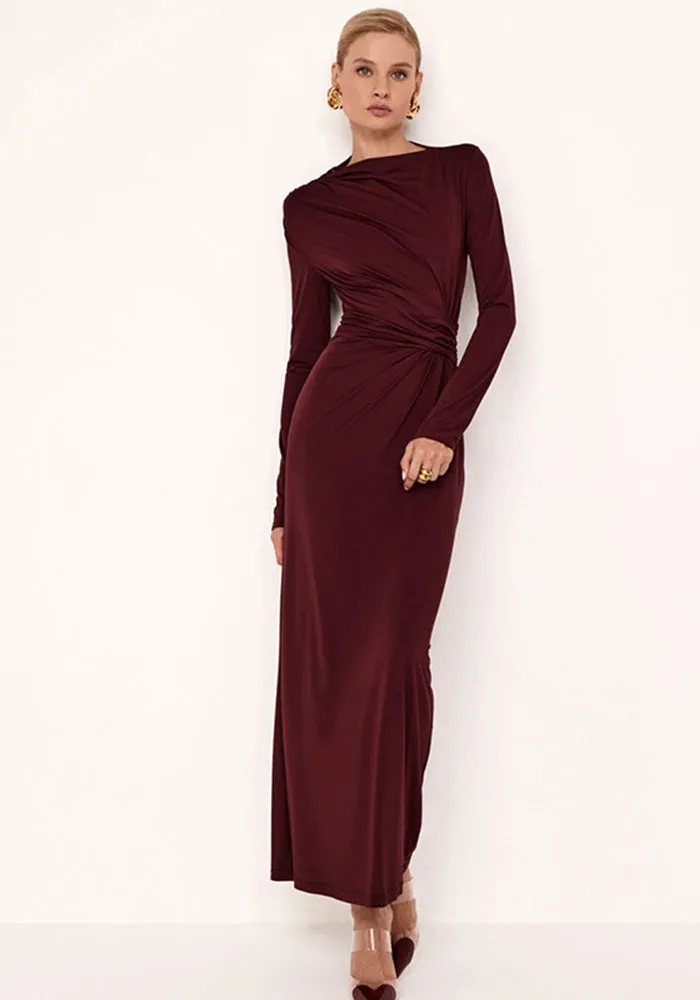 Graceful Long Sleeve Gathered Solid Maxi Dress with Timeless Elegance
