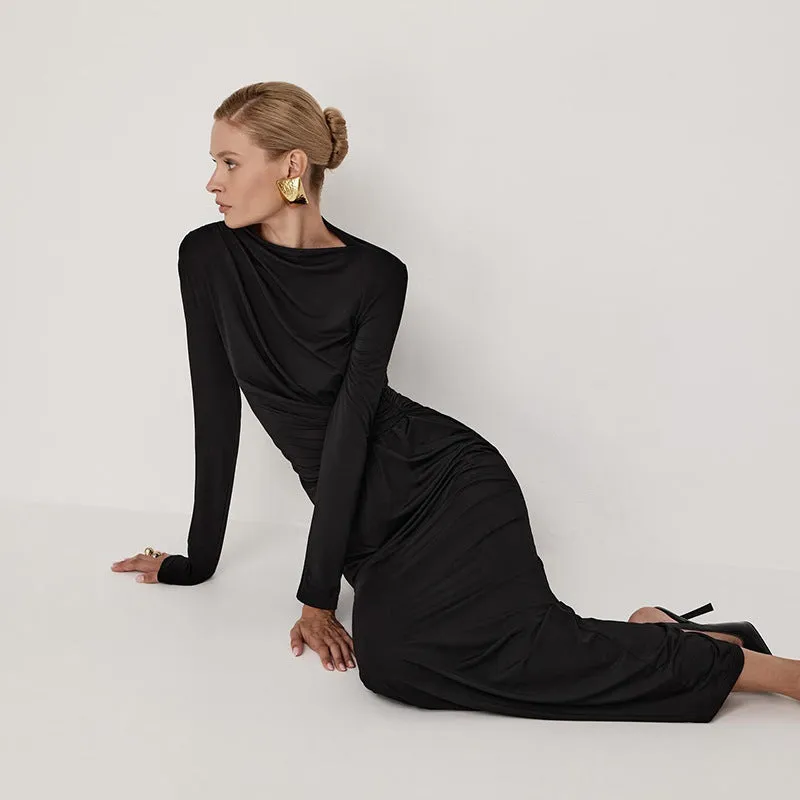 Graceful Long Sleeve Gathered Solid Maxi Dress with Timeless Elegance