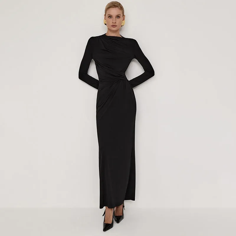 Graceful Long Sleeve Gathered Solid Maxi Dress with Timeless Elegance