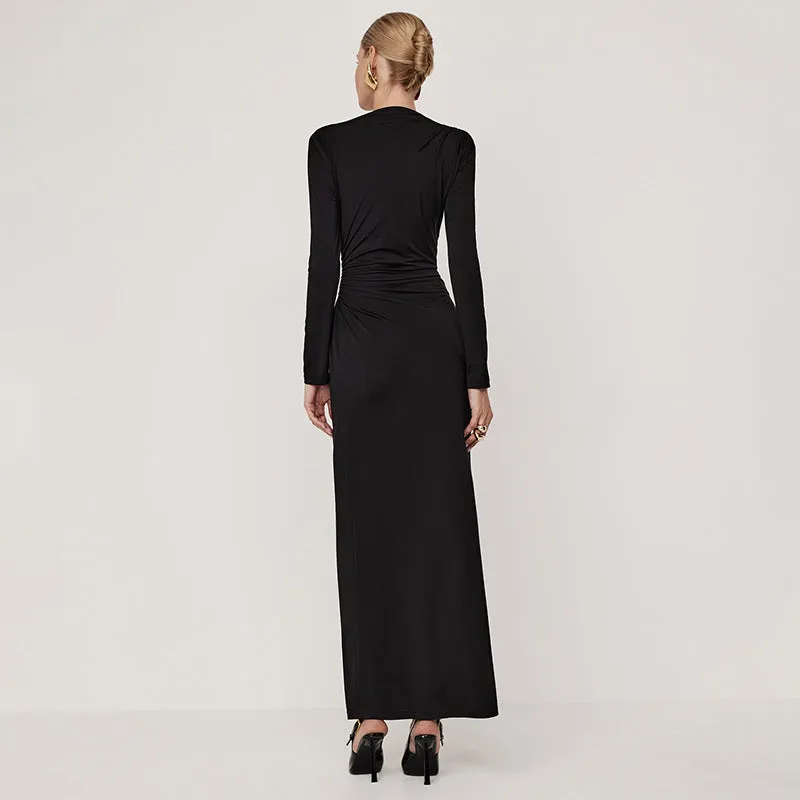 Graceful Long Sleeve Gathered Solid Maxi Dress with Timeless Elegance