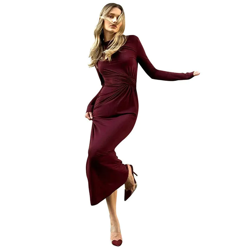 Graceful Long Sleeve Gathered Solid Maxi Dress with Timeless Elegance