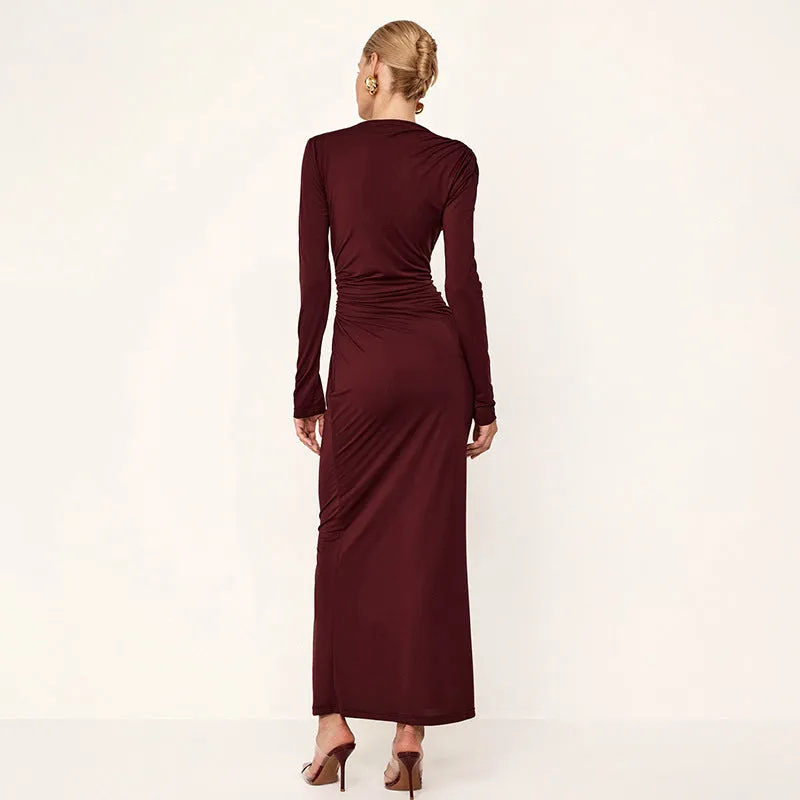 Graceful Long Sleeve Gathered Solid Maxi Dress with Timeless Elegance
