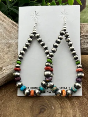 Graceful Navajo Teardrop Earrings With Turquoise & Spiny Beads - 3.25"