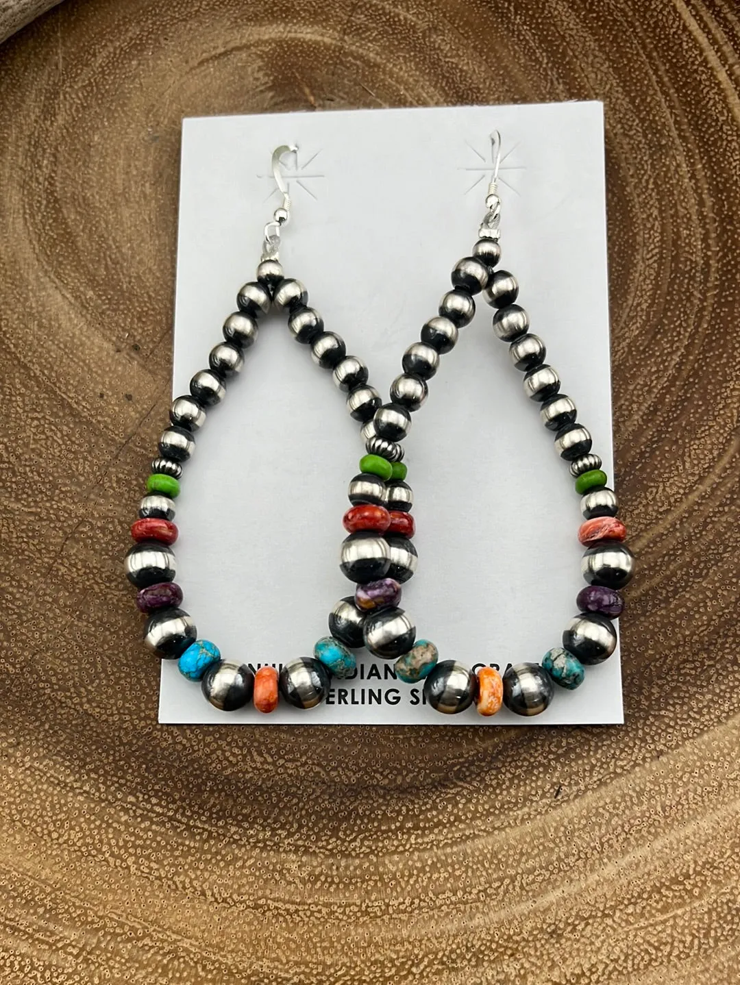 Graceful Navajo Teardrop Earrings With Turquoise & Spiny Beads - 3.25"