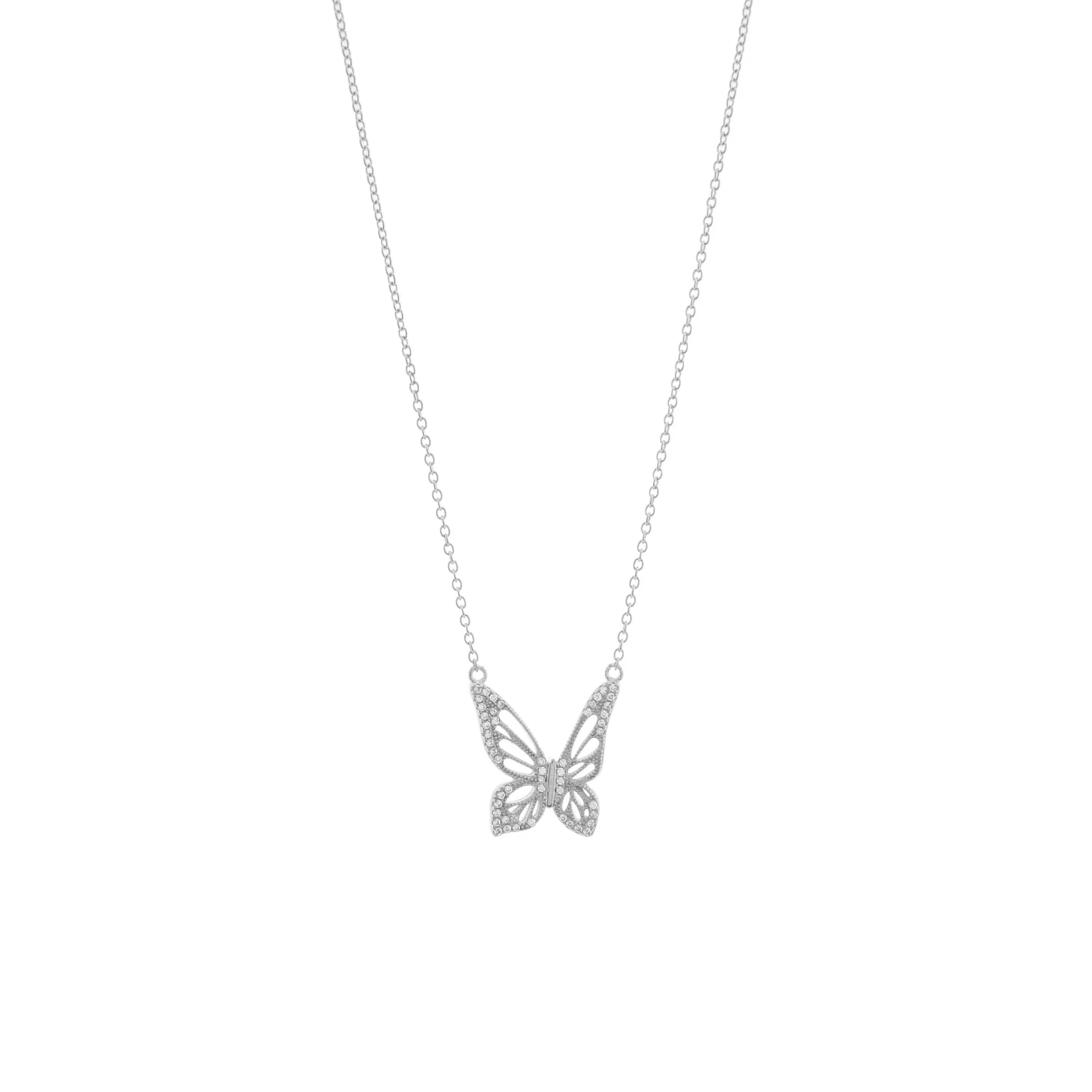 Graceful Spirit Butterfly Necklace, White Rhodium with Pave CZ Diamond
