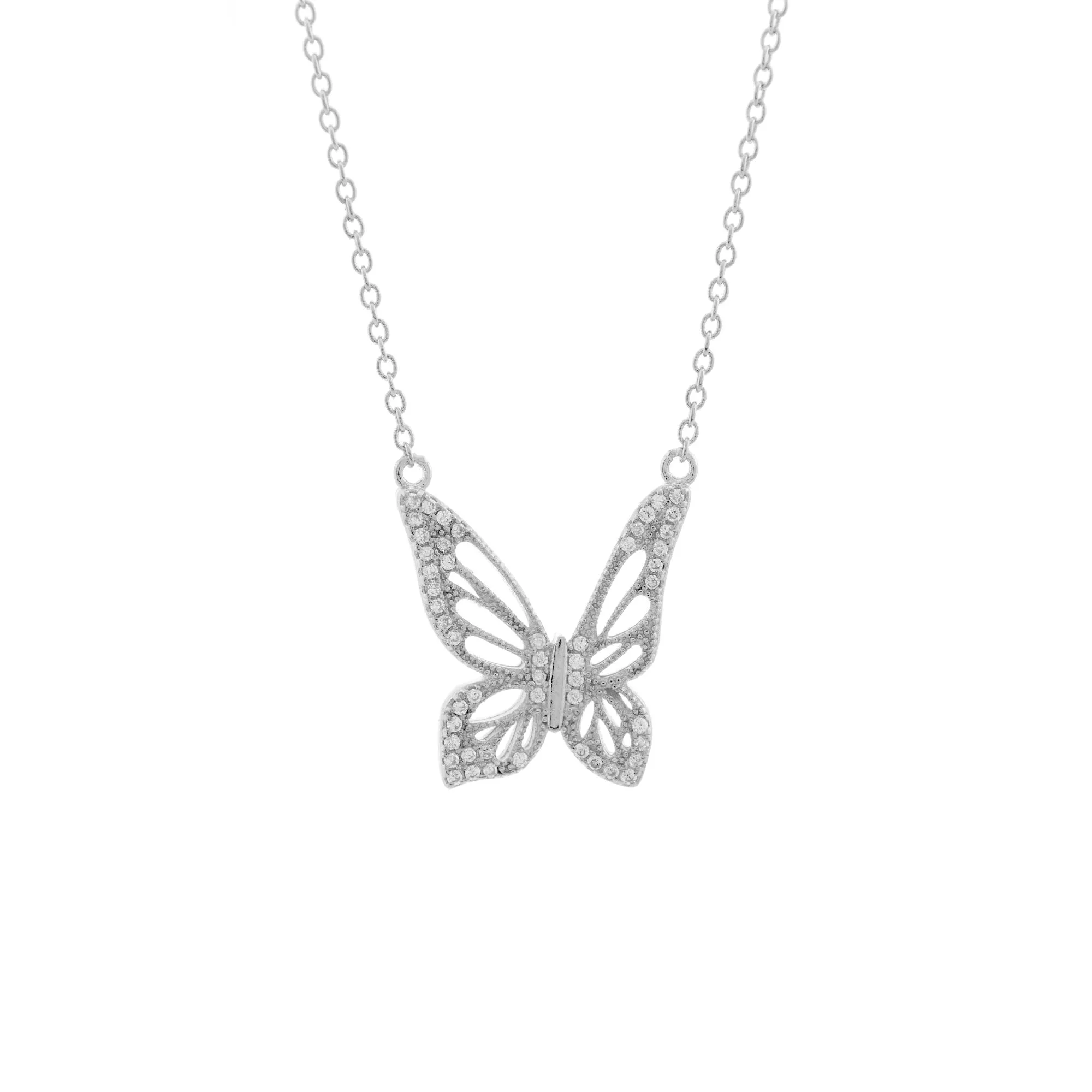 Graceful Spirit Butterfly Necklace, White Rhodium with Pave CZ Diamond