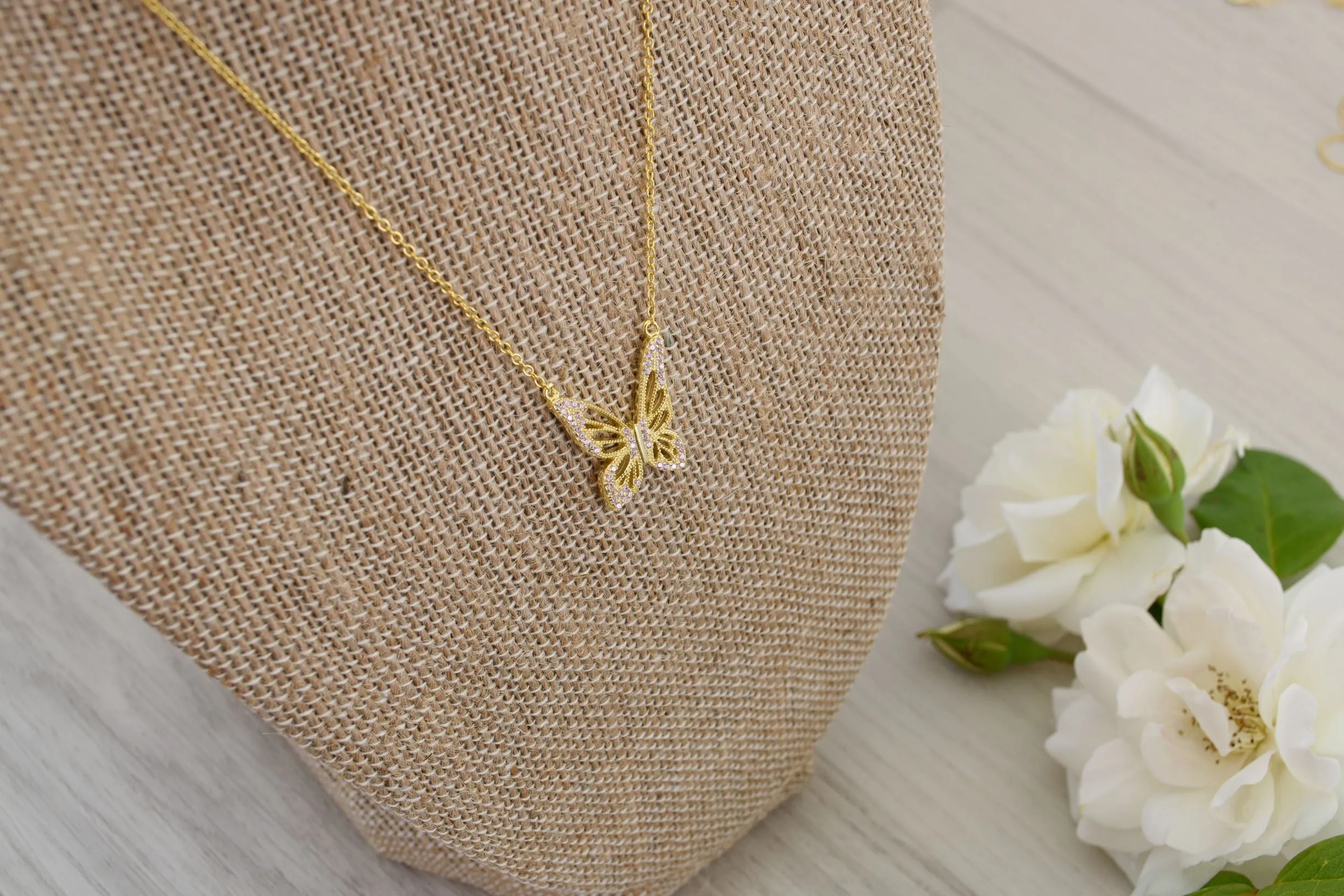 Graceful Spirit Butterfly Necklace, White Rhodium with Pave CZ Diamond