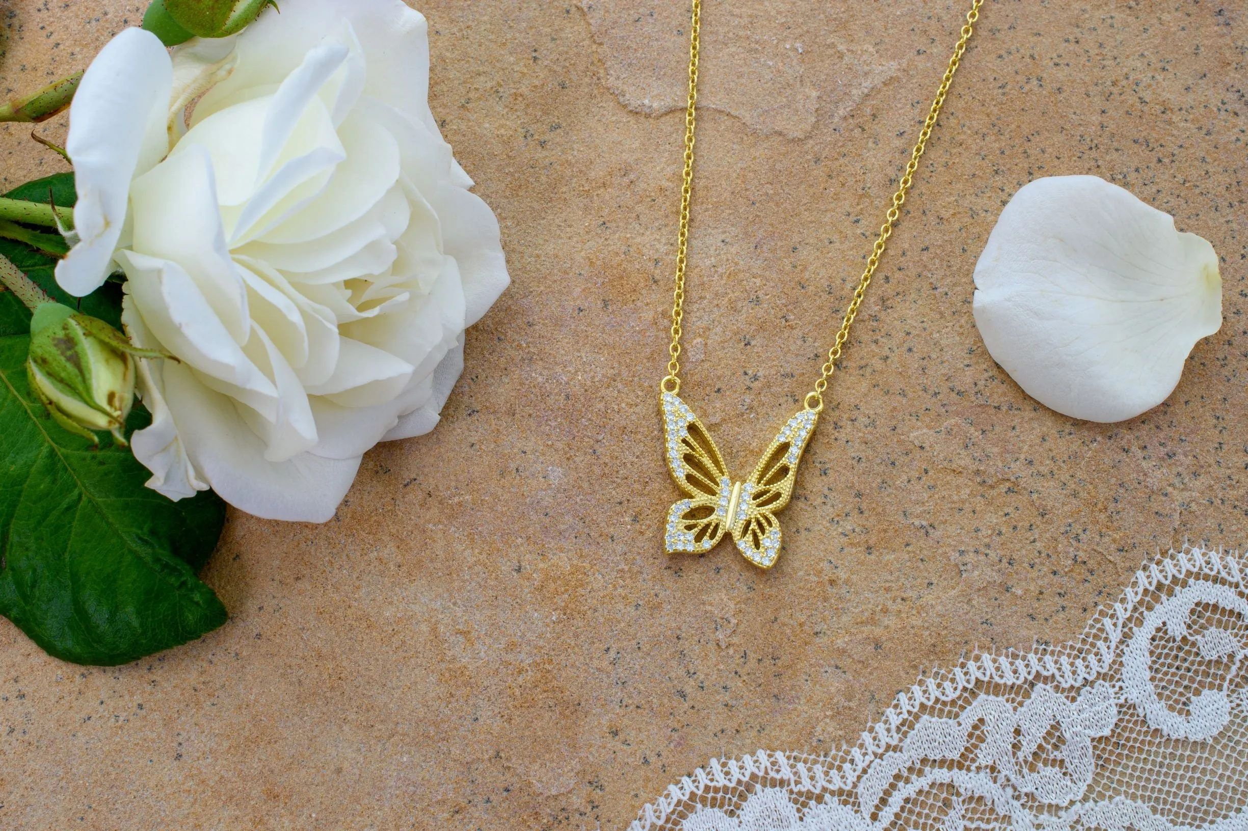 Graceful Spirit Butterfly Necklace, White Rhodium with Pave CZ Diamond