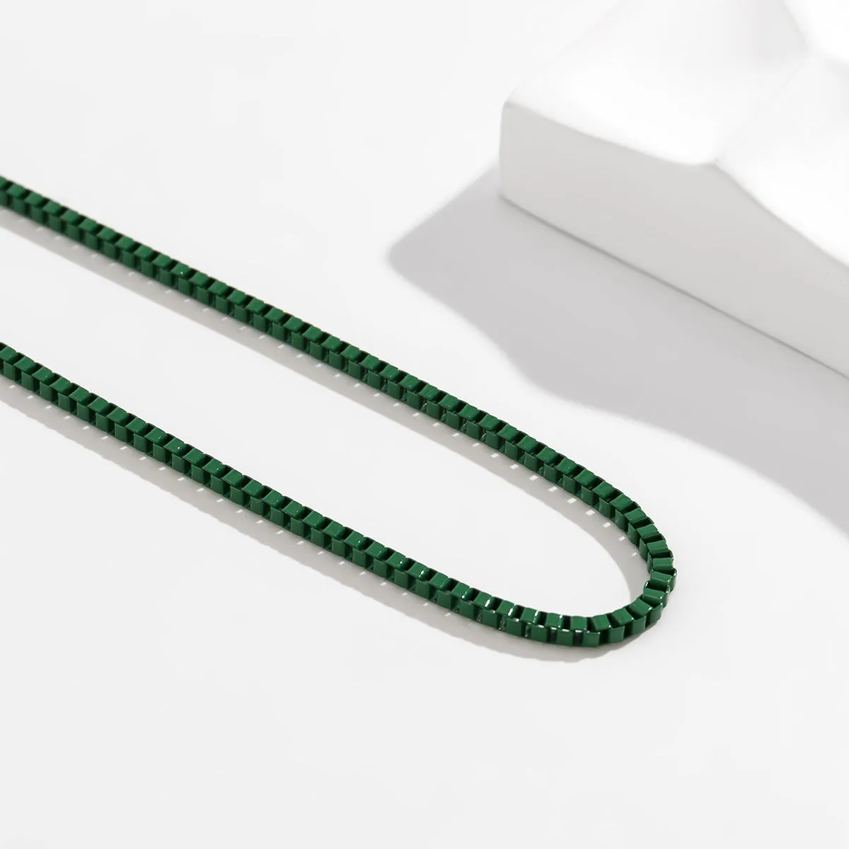 Green Enamel & Silver-Plated Box Chain Necklace