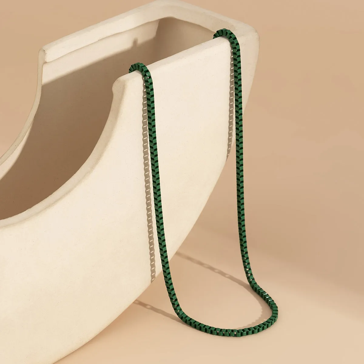 Green Enamel & Silver-Plated Box Chain Necklace