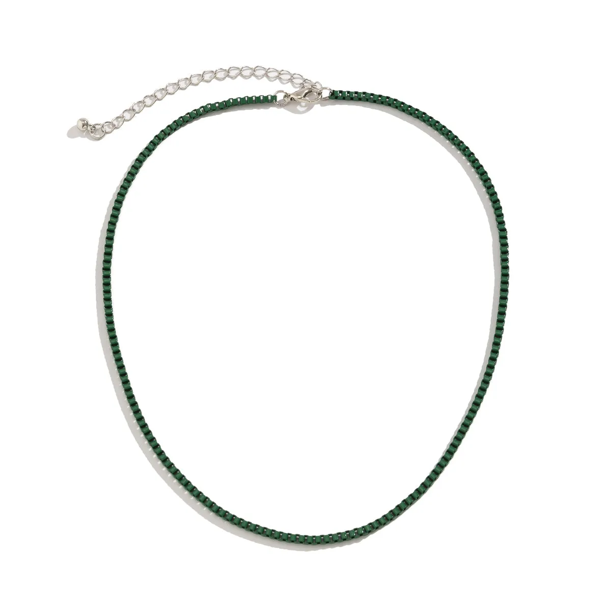 Green Enamel & Silver-Plated Box Chain Necklace