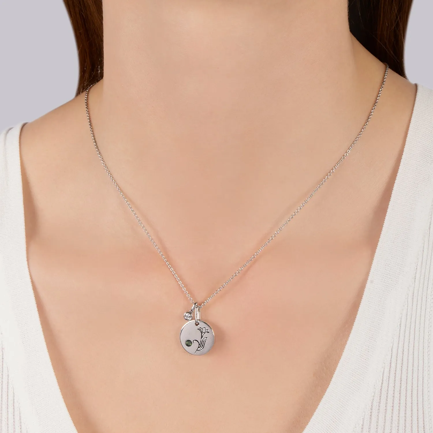 Hallmark Fine Jewelry May Flower of the Month Pendant in Sterling Silver with Green Tourmaline and Diamond Accent