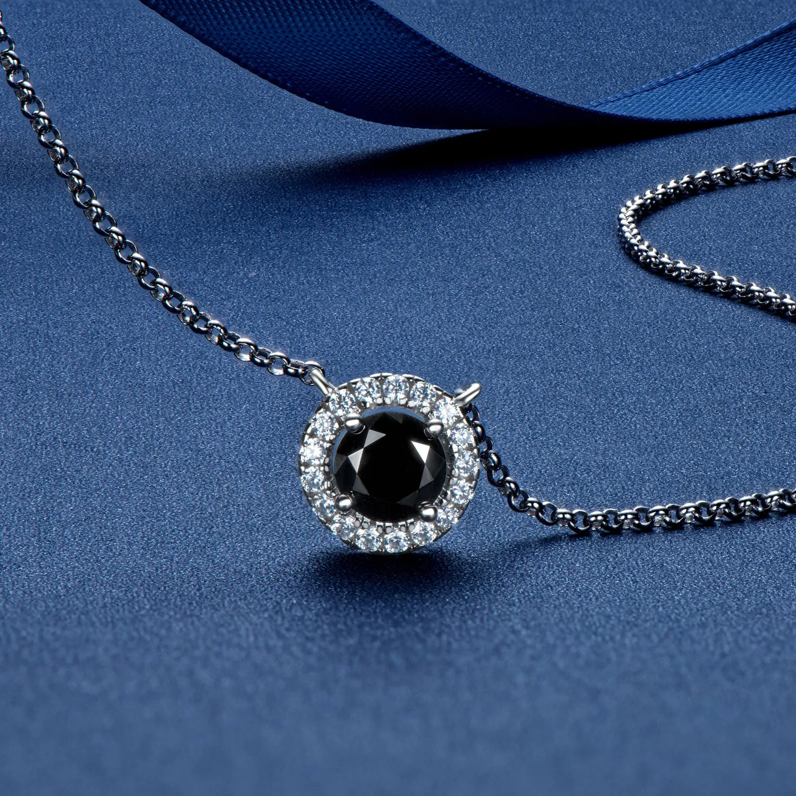 Halo 1ct Round Cut Black Moissanite Pendant Necklace