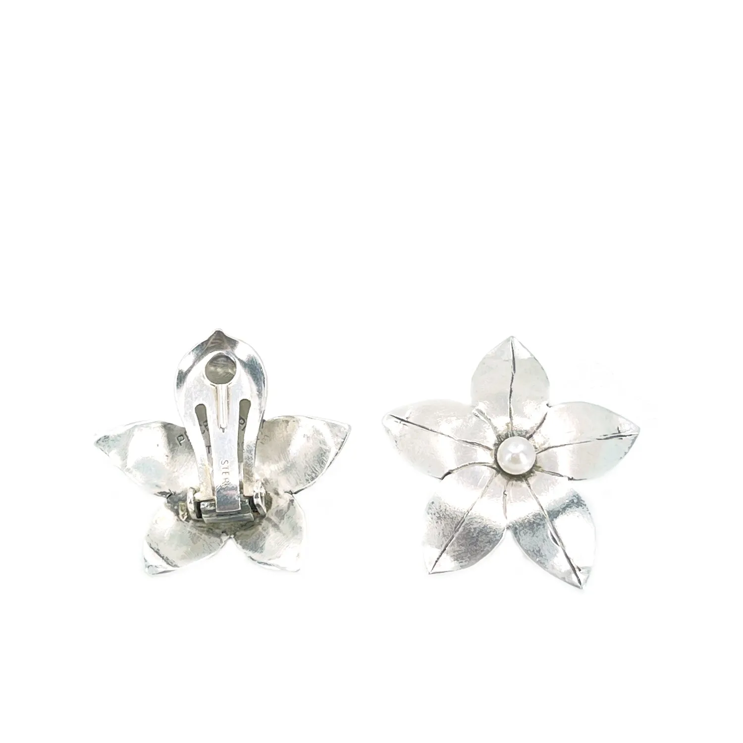 Handmade Price Floral Akoya Saltwater Cultured Pearl Cluster Clip Earrings- Sterling Silver