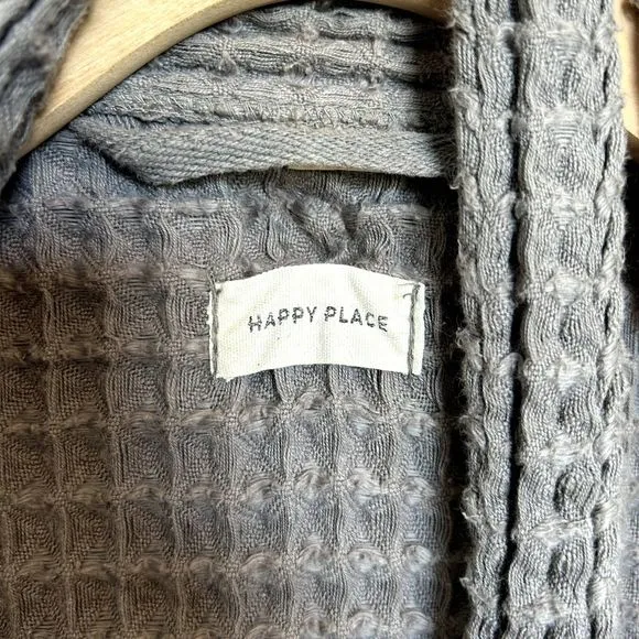 Happy Place Womens Waffle Knit Long Bathrobe Size Large Long Sleeve Grey Lounge