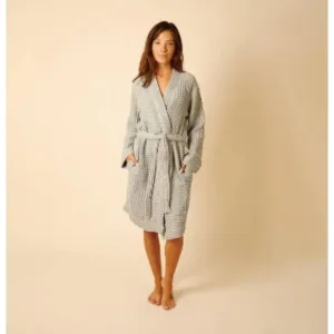 Happy Place Womens Waffle Knit Long Bathrobe Size Large Long Sleeve Grey Lounge