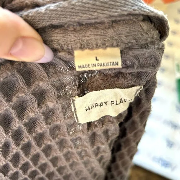 Happy Place Womens Waffle Knit Long Bathrobe Size Large Long Sleeve Grey Lounge