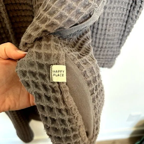 Happy Place Womens Waffle Knit Long Bathrobe Size Large Long Sleeve Grey Lounge