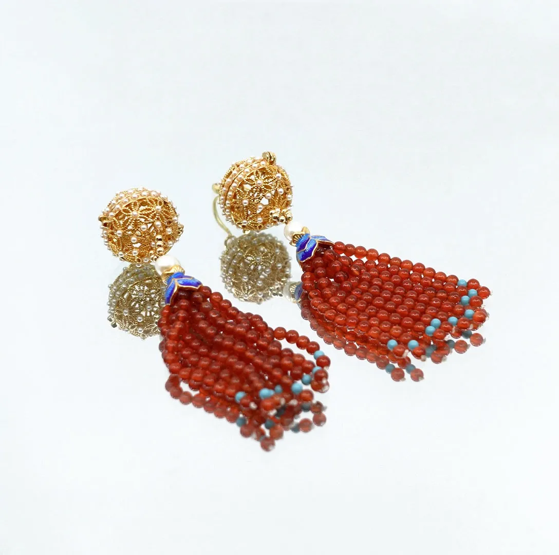 Herbal Locket Gemstone Tassel Earrings - Round Carnelian