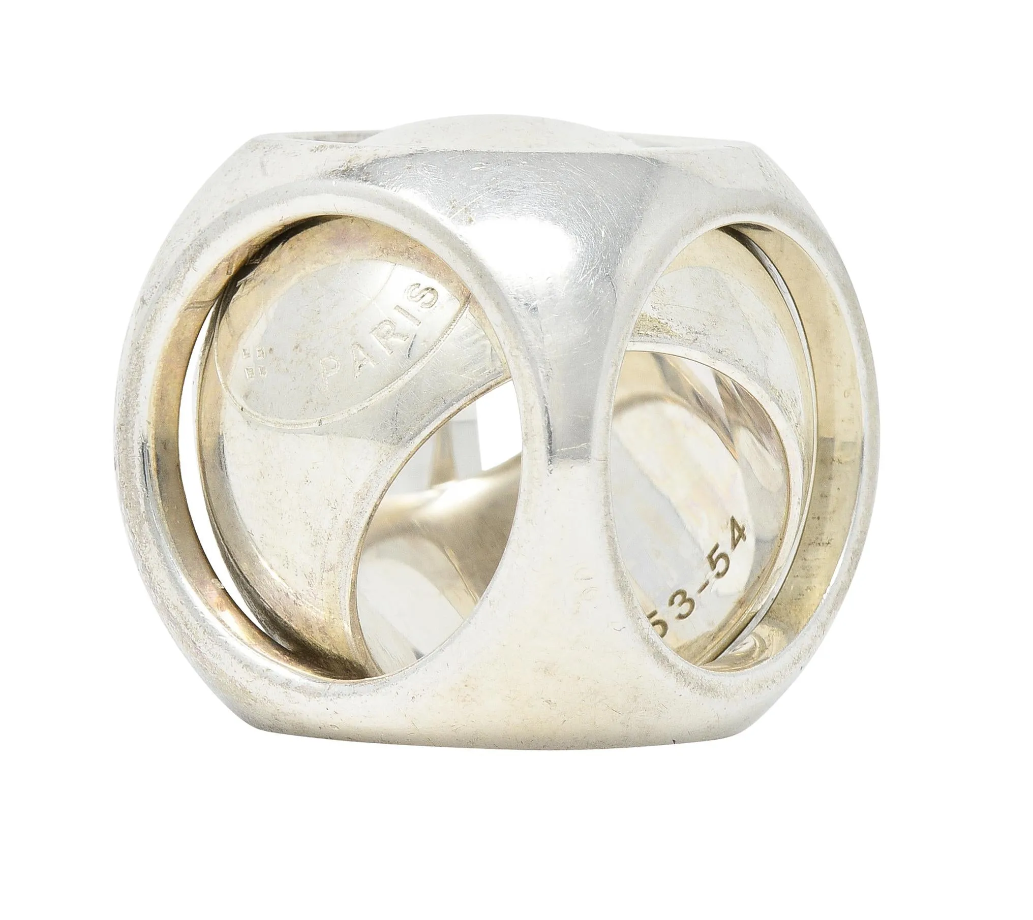 Hermés Paris Modernist Sterling Silver Spinning Cube Vintage Ring
