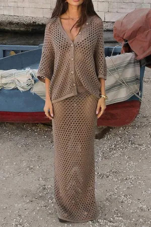 HUZ1121 Crochet Knit Maxi Skirt Set