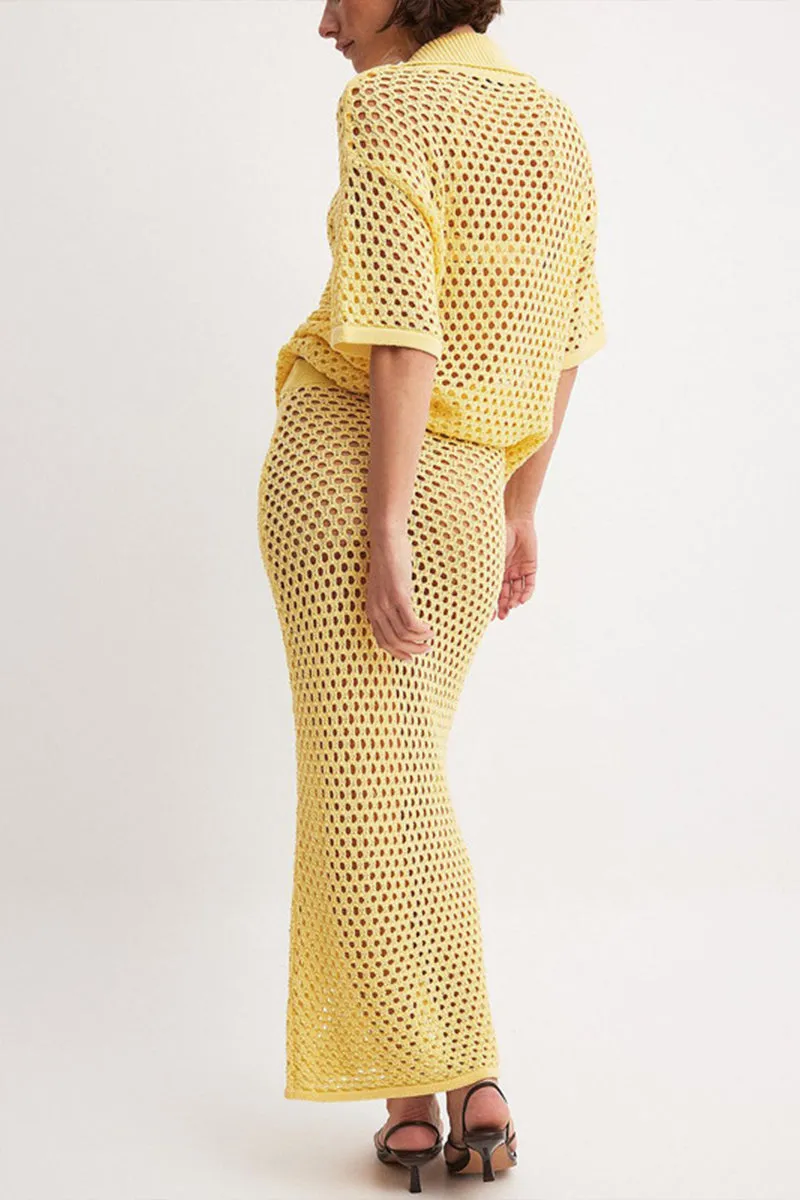 HUZ1121 Crochet Knit Maxi Skirt Set