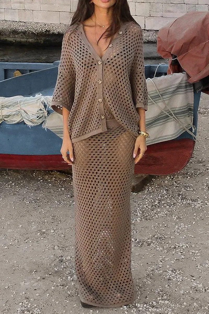 HUZ1121 Crochet Knit Maxi Skirt Set