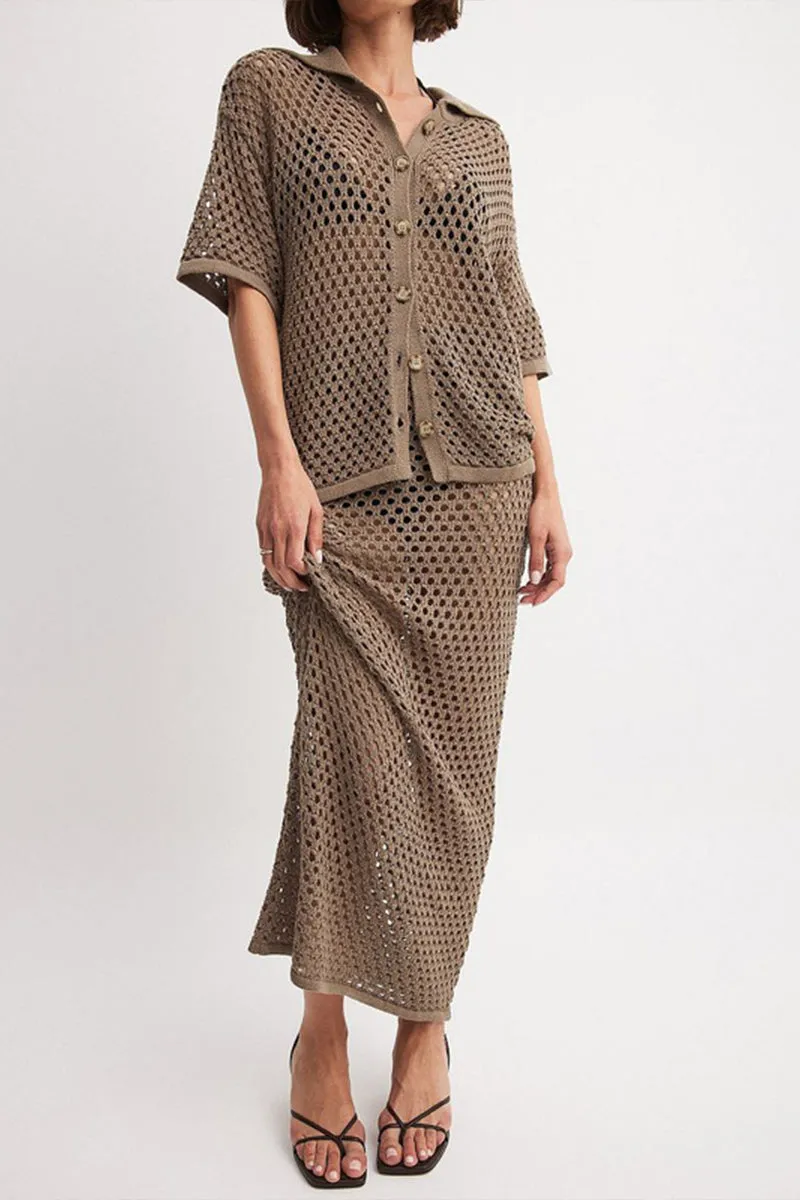 HUZ1121 Crochet Knit Maxi Skirt Set