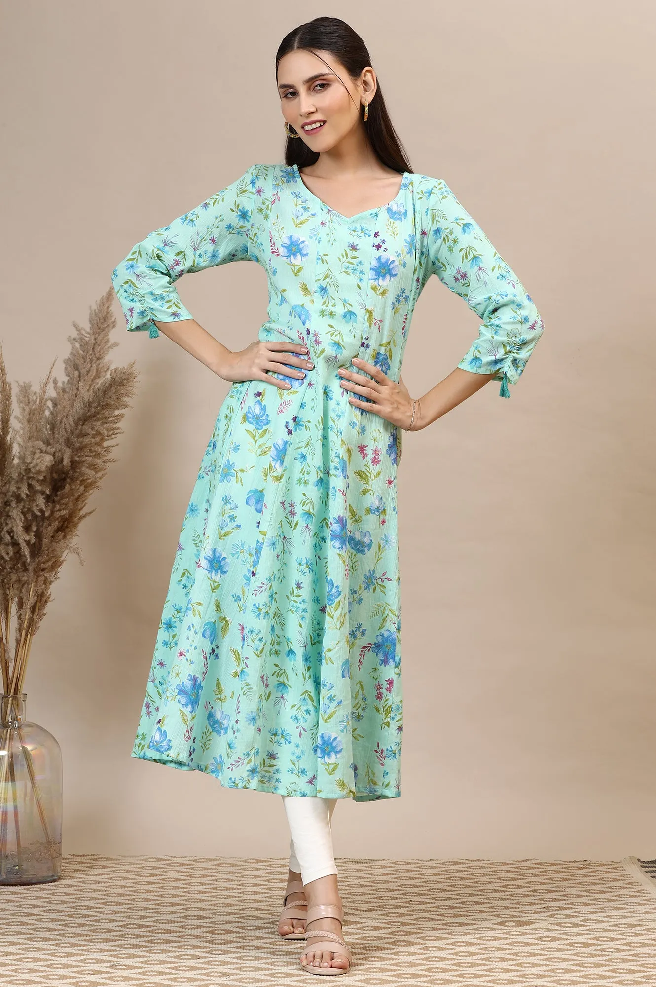 Ice Green Floral Printed Cotton Crepe Anarkali Kurta